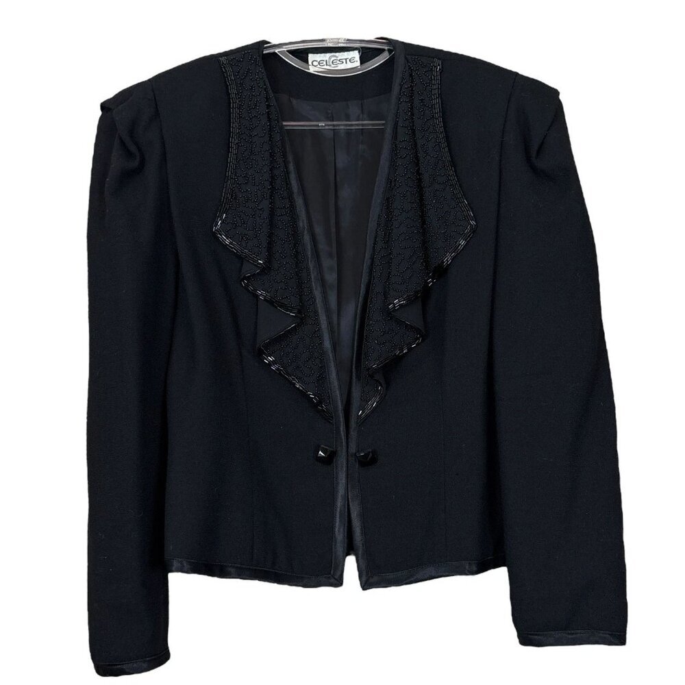Vtg Celeste Beaded Ruffle Collar Hook Evening Formal Blazer Jacket Black Size 10